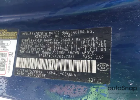 2007 Toyota Camry Le from USA, damaged, VIN 4T1BE46KX7U132384